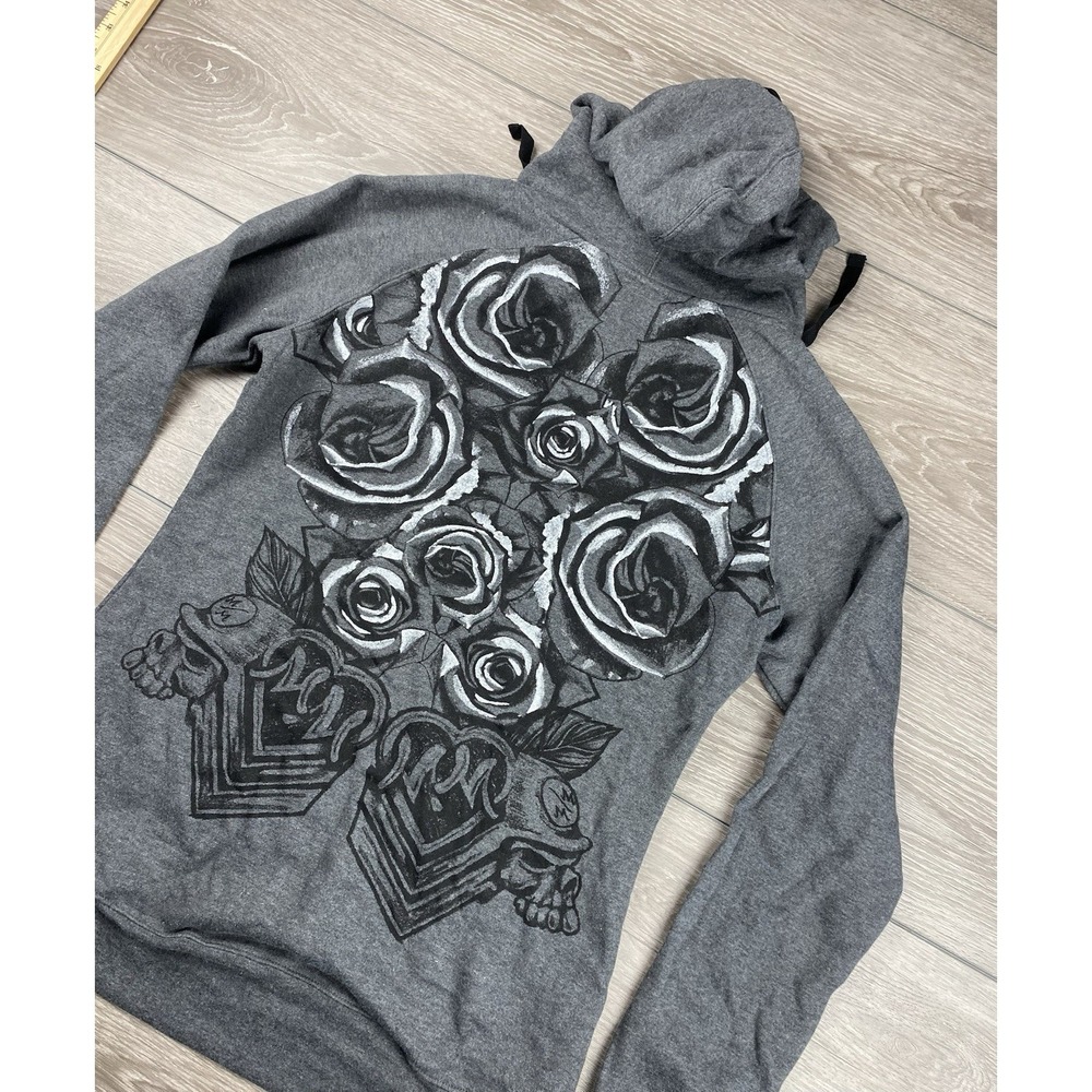 Metal Mulisha Women's V Neck Rose Print Hoodie Grey Size Large New